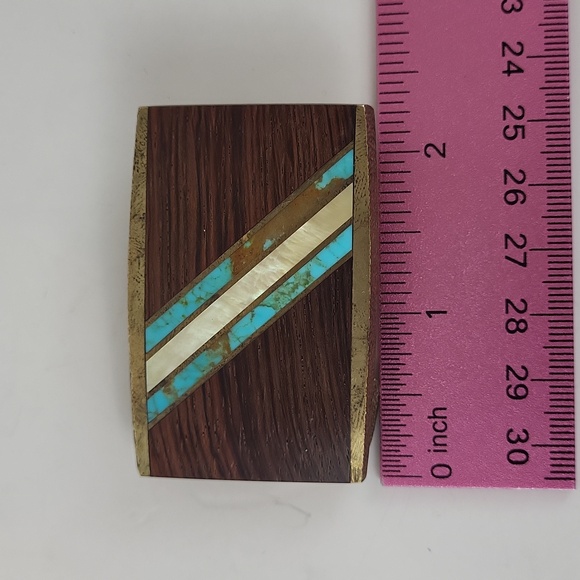 Vintage Belt Buckle SST Wood Turquoise Inlay Brass Modernist Geometric Cowgirl - Picture 5 of 8